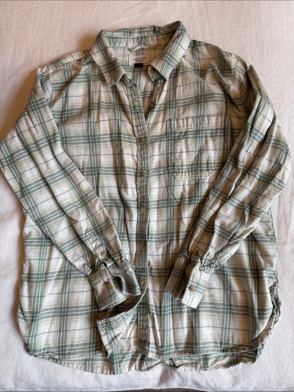 American Eagle Outfitters Green and Cream Plaid Button-Down Shirt